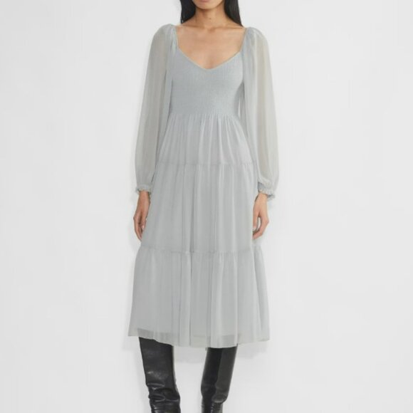 ARITZIA WILFRED Tuberose Chiffon Tiered V-neck Long Sleeve Midi Dress size Large - Picture 1 of 6